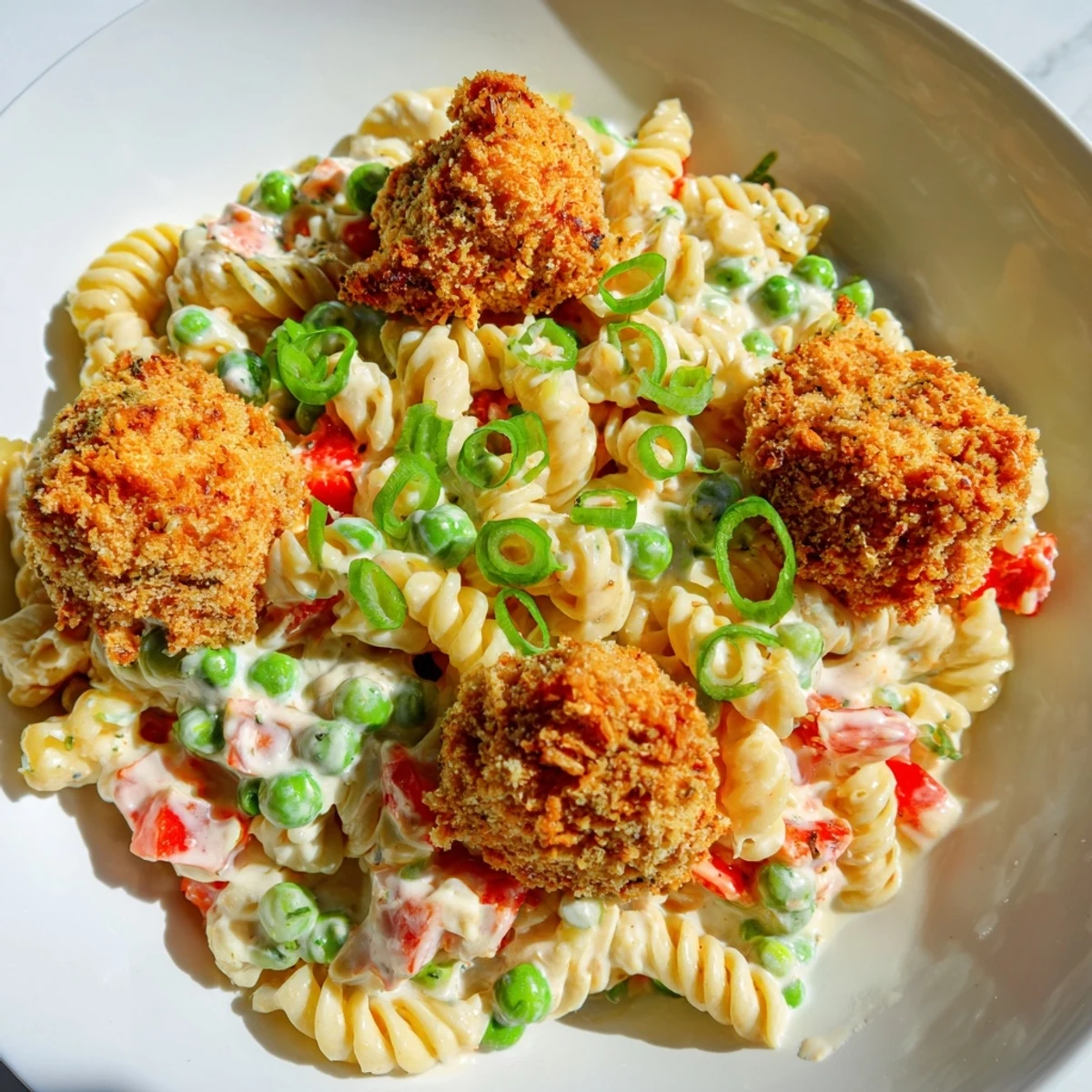 Golden-brown crispy chicken bites glisten atop a vibrant pasta salad with sweet peas and red bell pepper, drenched in creamy ranch dressing.  