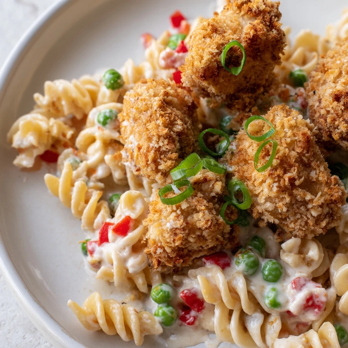 A hearty Crispy Chicken Ranch Pasta Salad ready for a summer picnic or easy weeknight dinner, served chilled.  