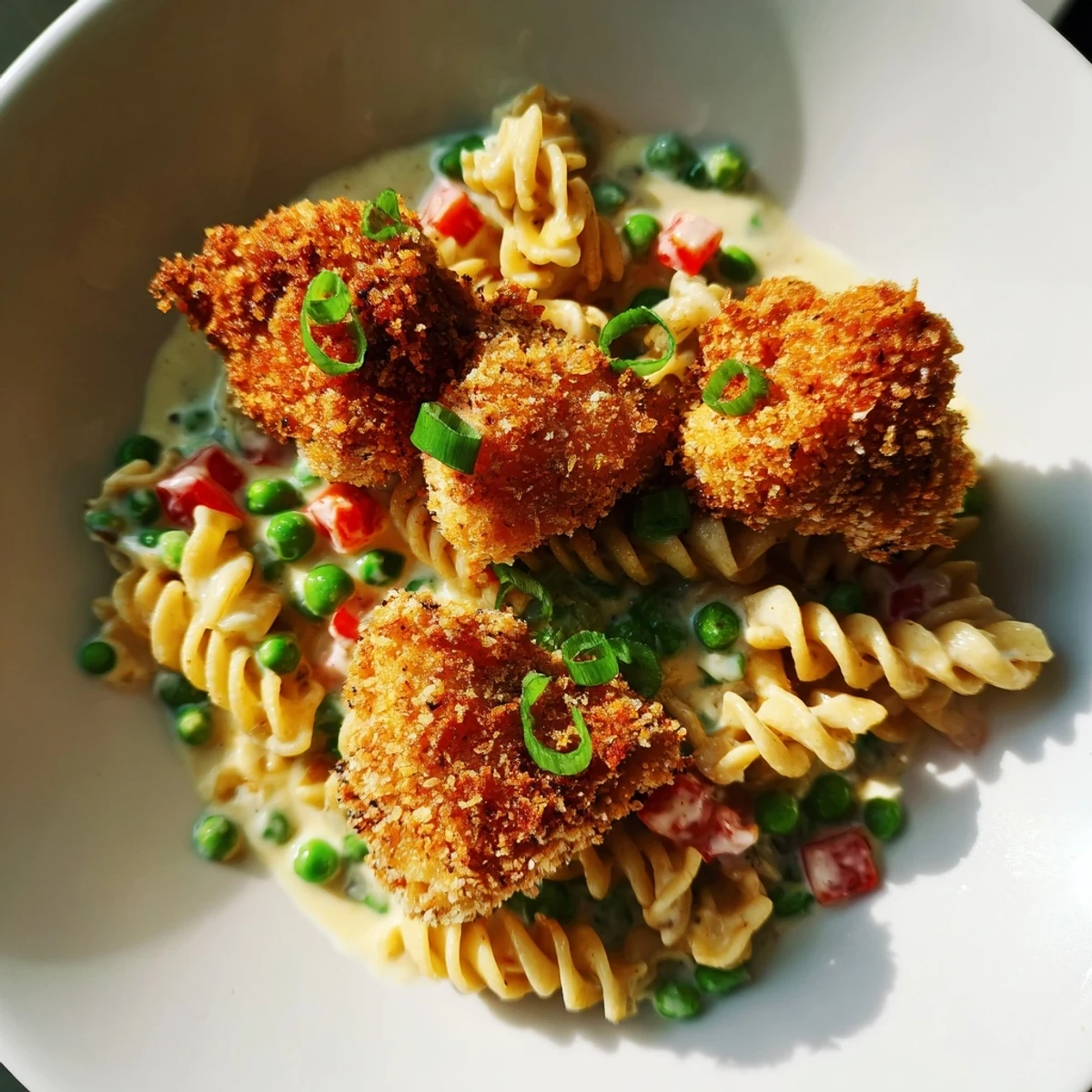 Tender rotini pasta and juicy chicken coated in crunchy panko, tossed with fresh green onions and dill ranch.