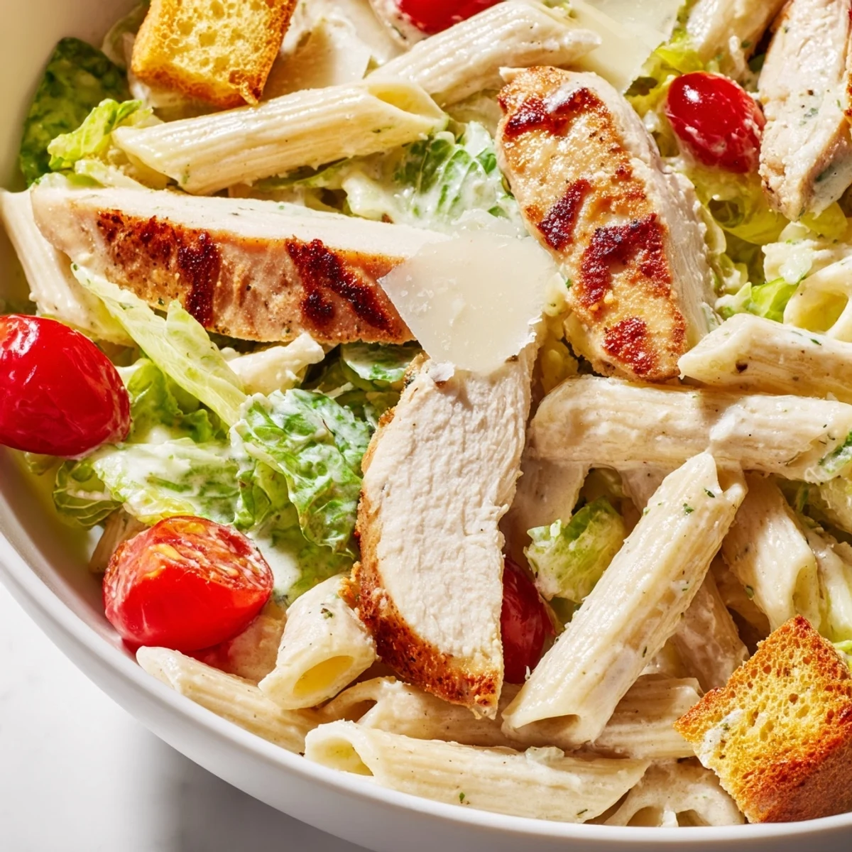 Grilled chicken slices sit atop a vibrant Caesar pasta chicken bowl with crisp romaine and creamy dressing.