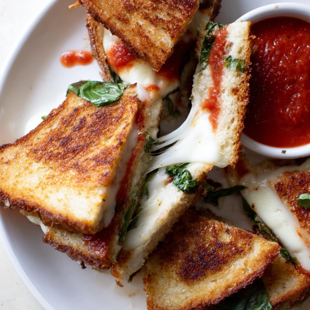 Golden, melty Caprese Grilled Cheese Dippers are sliced into strips, ready to be dipped into warm, tangy marinara sauce for a perfect appetizer.