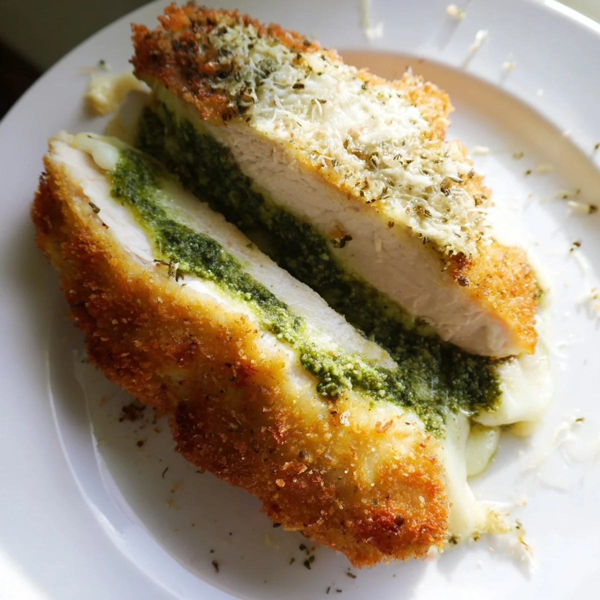 Golden-baked Mozzarella & Pesto Stuffed Chicken breasts, oozing melted cheese and fresh basil pesto, served hot on a white plate.  