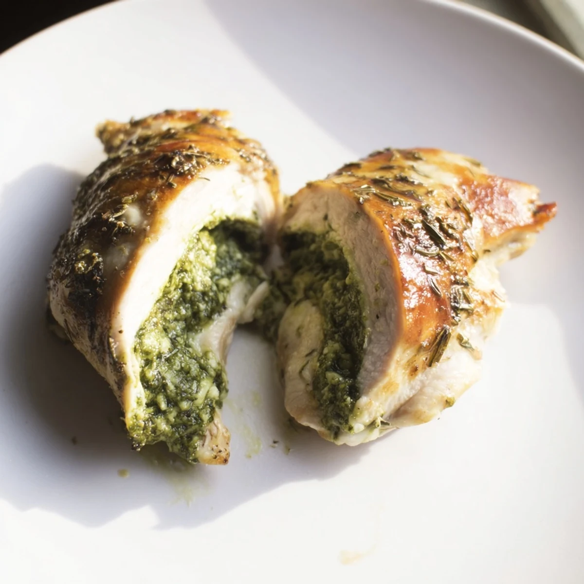 Freshly baked Mozzarella & Pesto Stuffed Chicken resting in a dish, garnished with herbs and ready to slice and serve.