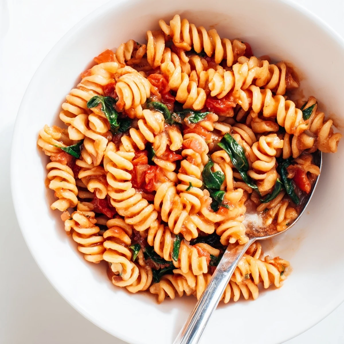 A close-up of Tomato Spinach One-Pot Rotini with wilted greens and diced tomatoes nestled in the spiral pasta.