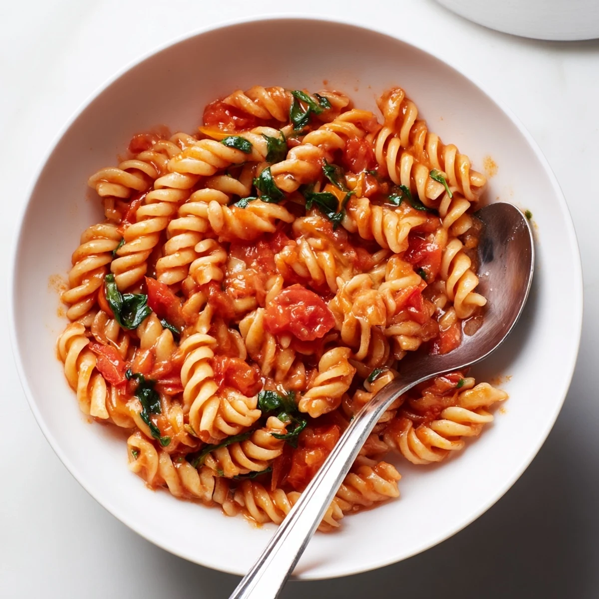 Freshly grated Parmesan melts into the steaming Tomato Spinach One-Pot Rotini, served hot from the pot for a comforting meal.