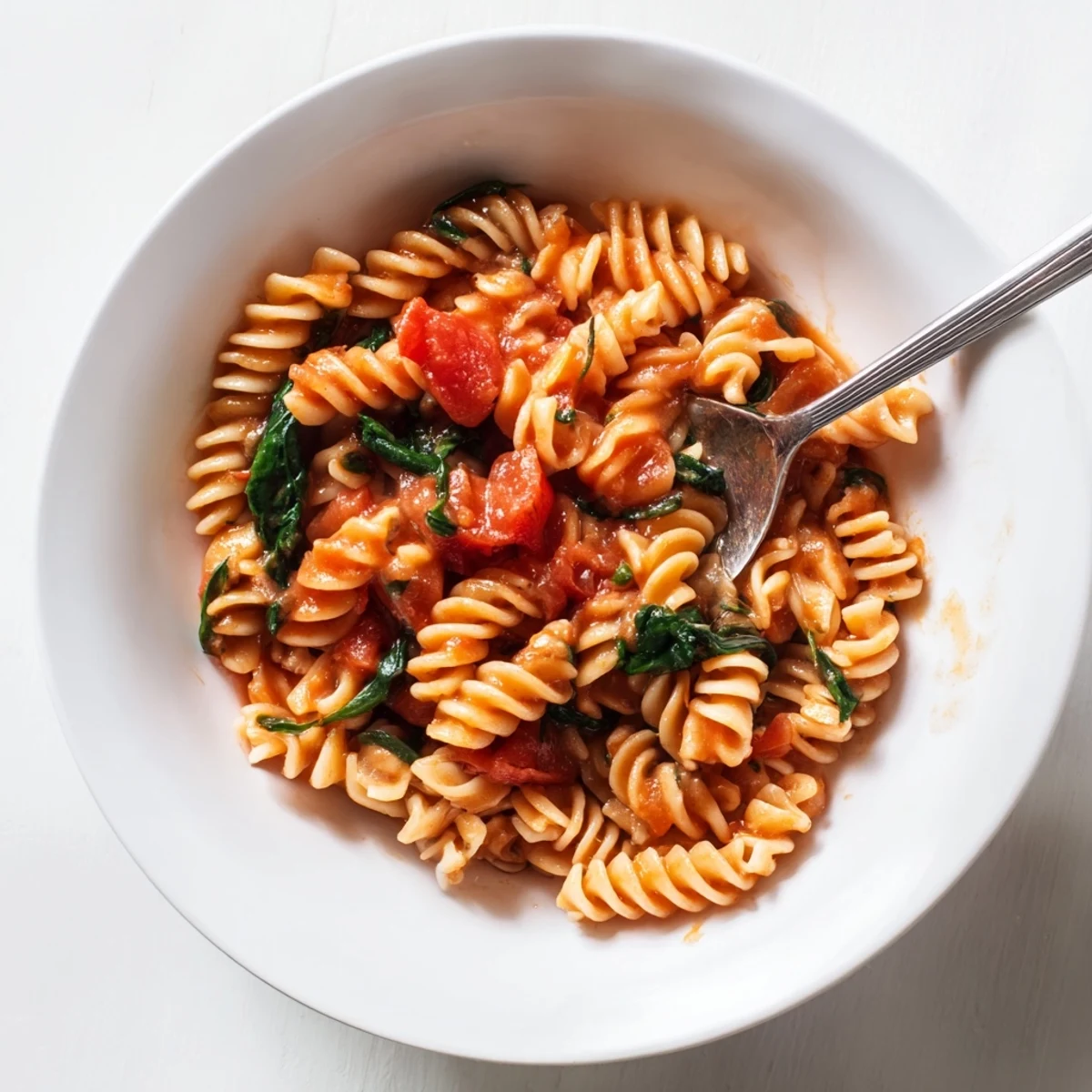 An overhead view of Tomato Spinach One-Pot Rotini garnished with extra Parmesan, with steam rising and a rustic spoon nearby.