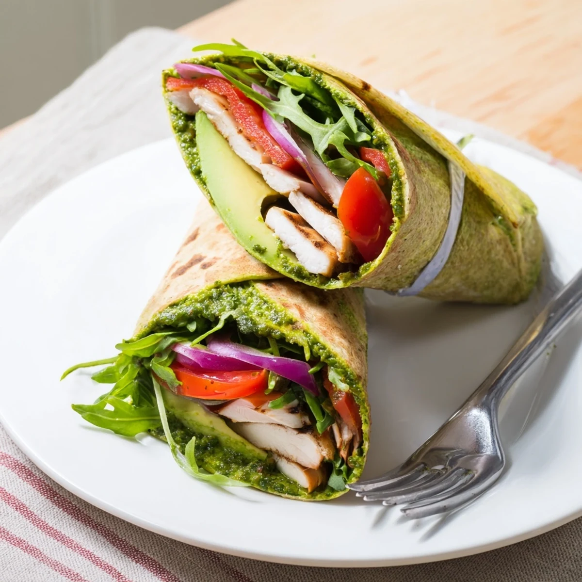 A vibrant Chimichurri Chicken Salad Wrap with fresh greens and avocado slices, resting on a wooden cutting board.
