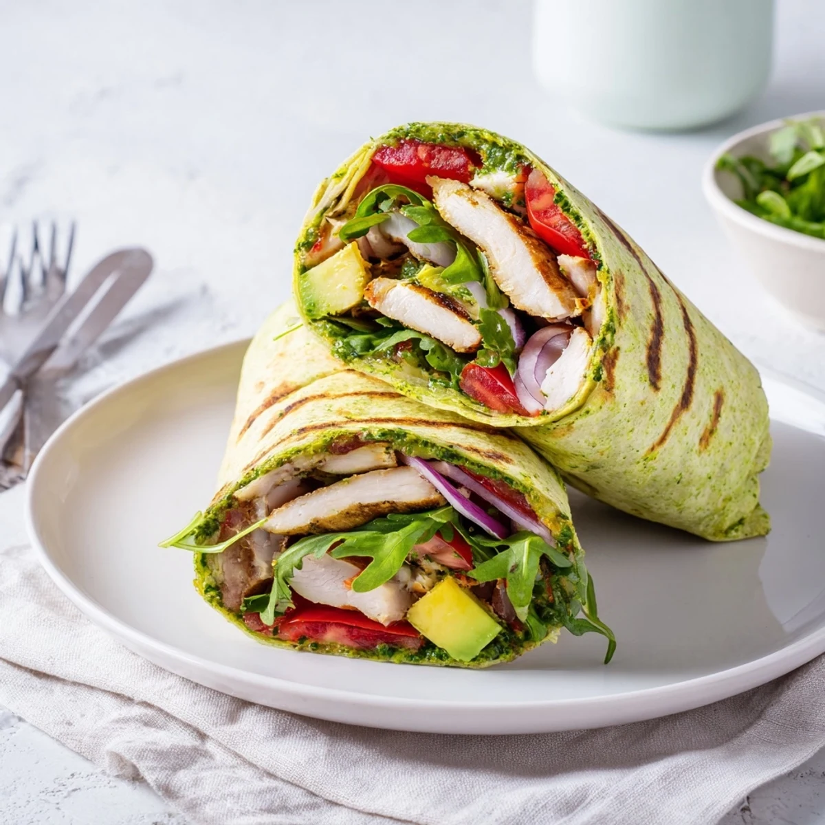 Foil-wrapped Chimichurri Chicken Salad Wrap cut in half, showing layered herbs, chicken, and fresh vegetables inside.