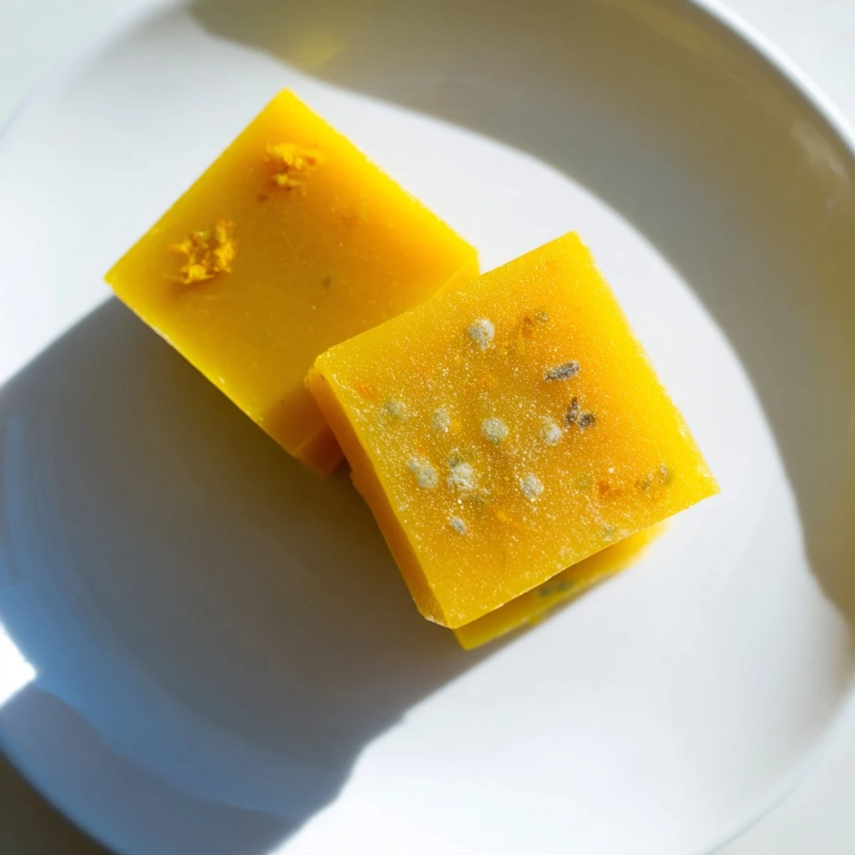 Six vibrant Lemon Ginger Turmeric Wellness Cubes sit on a clean white surface, their sunny orange hue promising a zesty, spicy, and earthy flavor burst.  