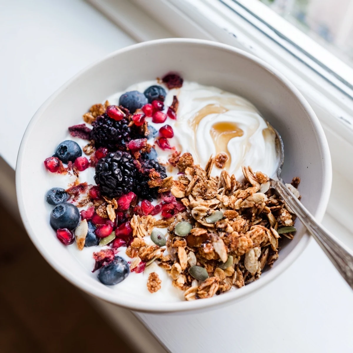 Creamy probiotic yogurt topped with fresh winter berries and a fragrant cinnamon-spiced crunch in a breakfast bowl.
