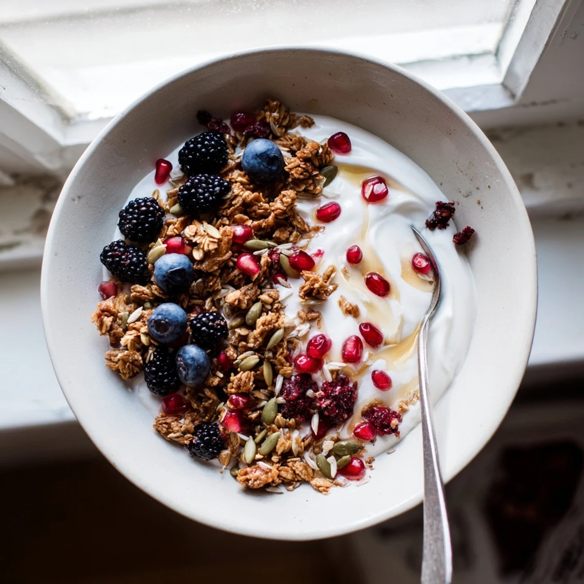 A nourishing yogurt bowl filled with tart winter berries, crunchy oat clusters, and a warm ginger spice blend.