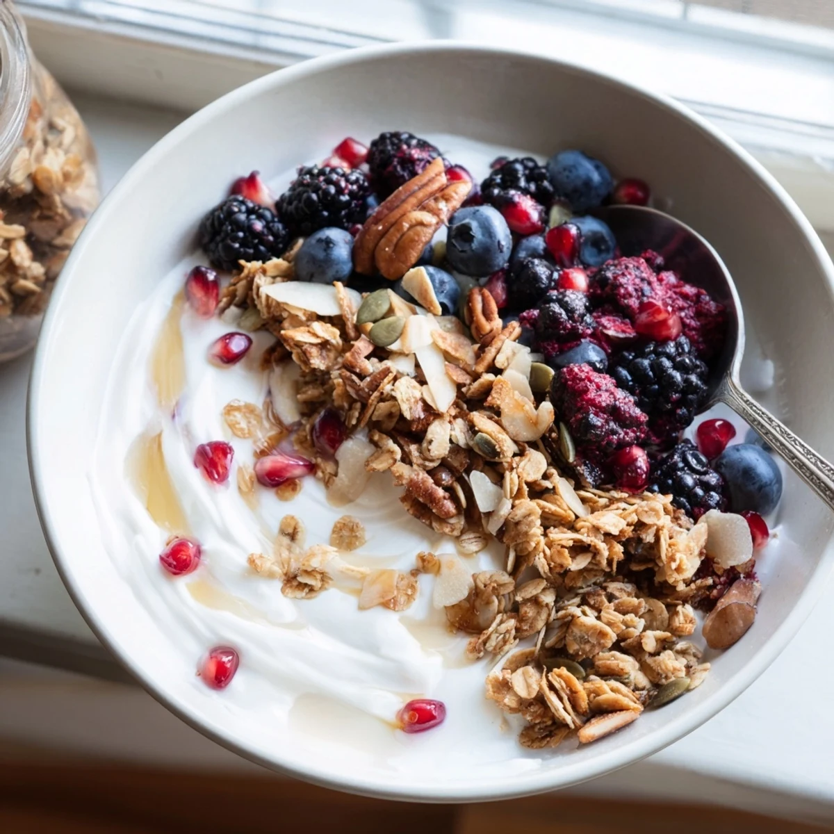 Hearty Yogurt Bowl with Winter Berries and Spiced Crunch, ready in minutes with a drizzle of honey and vanilla.