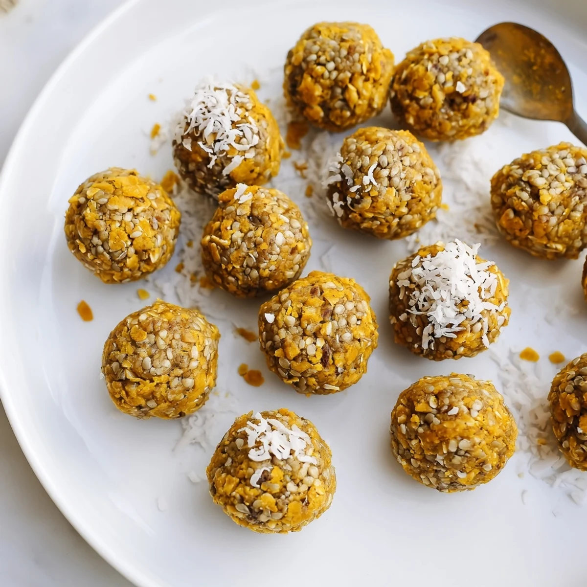 Close-up of vibrant Ginger Turmeric Energy Balls rolled in shredded coconut, showcasing their golden hue and wholesome texture.