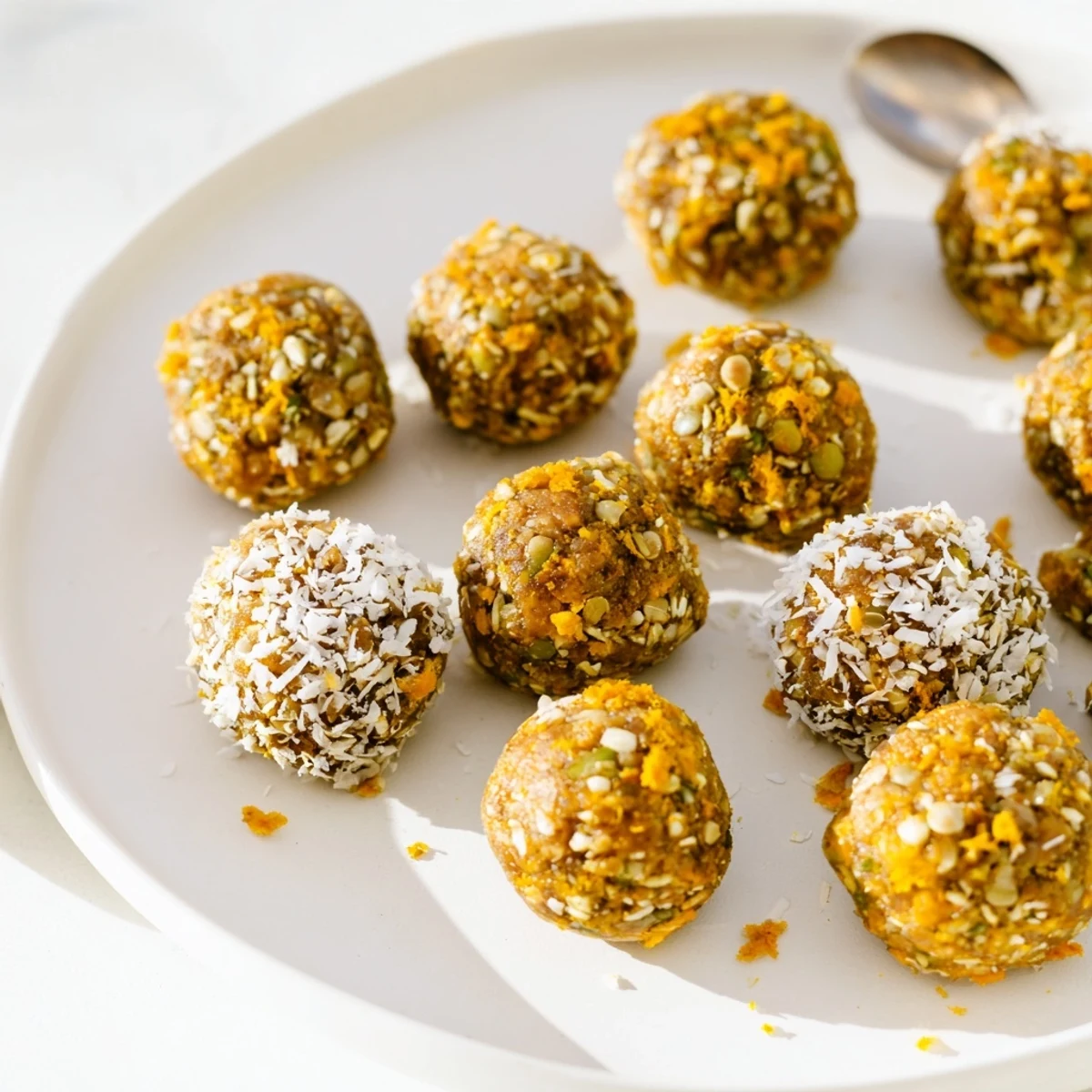 Ginger Turmeric Energy Balls arranged on a small plate with fresh turmeric root and ginger slices, perfect for a healthy snack.