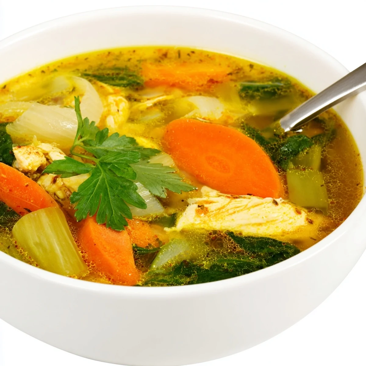 A vibrant bowl of golden Turmeric Chicken Soup, brimming with tender chicken, carrots, and fresh spinach in a fragrant, spiced broth.