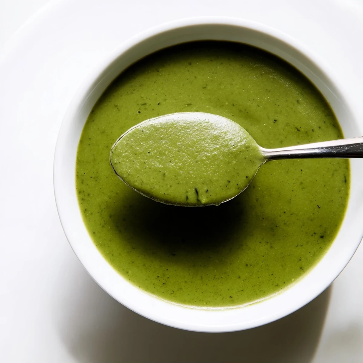 Creamy Big Green Immunity-Boosting Vegetable Soup in a rustic bowl, garnished with spinach and cashews.