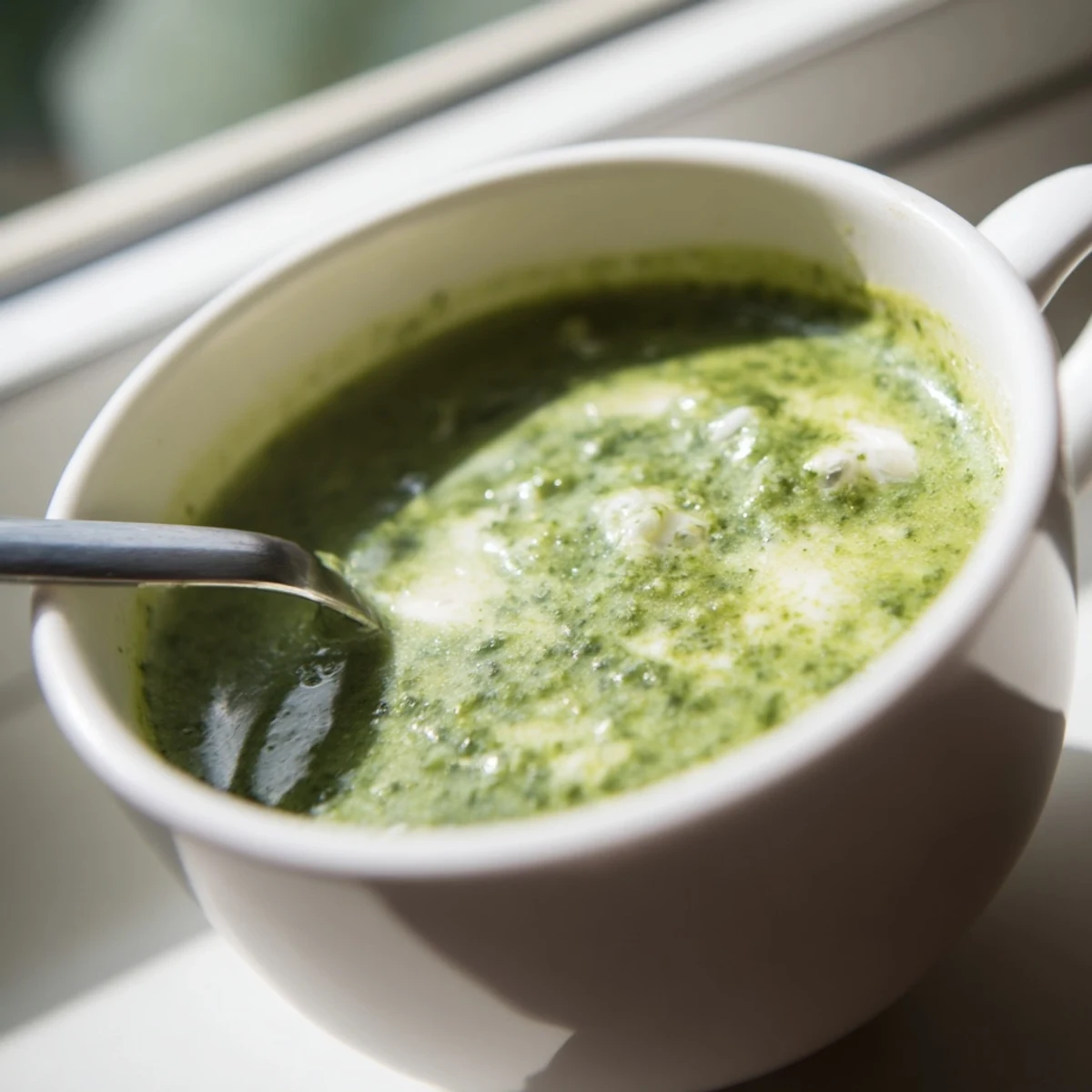 Blended Big Green Immunity-Boosting Vegetable Soup with bright green hue, served beside a slice of crusty bread.