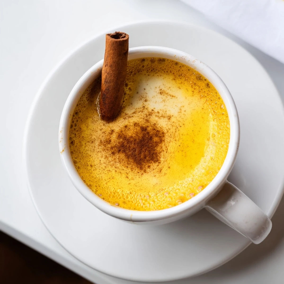 Golden-hued Turmeric and Ginger Golden Milk swirls in a clear glass mug, steam rising alongside spices like ginger and nutmeg for a calming treat.