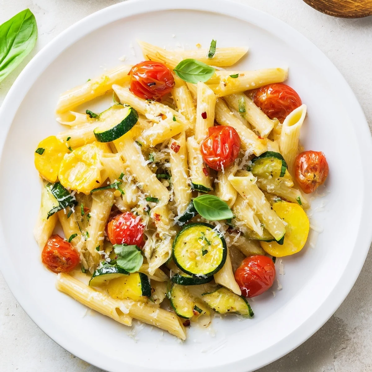 A close-up of Garden Veggie Pasta, showcasing colorful zucchini, yellow squash, and halved cherry tomatoes glistening with olive oil and fresh basil.  