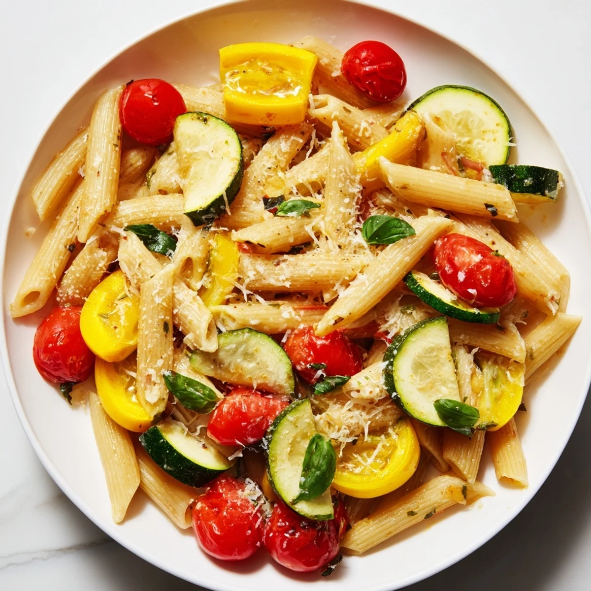 The finished Garden Veggie Pasta dish in a white bowl, garnished with Parmesan and lemon zest, ready to be enjoyed as a light summer meal.  