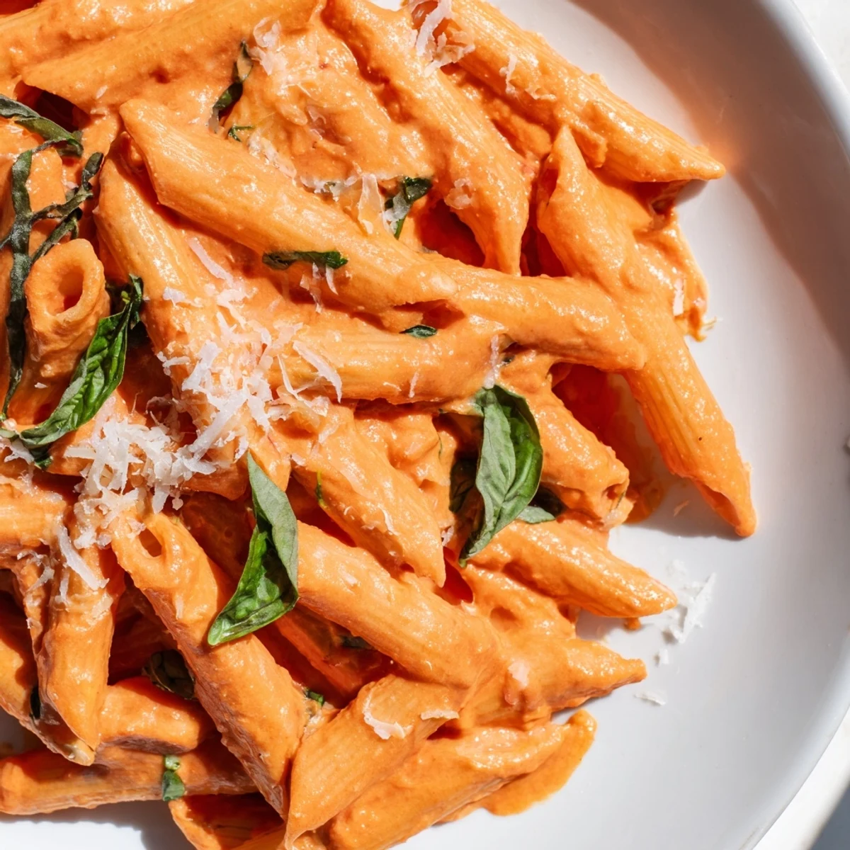 Golden penne pasta coated in a luscious, velvety Creamy Roasted Red Pepper Pasta sauce, garnished with fresh basil and Parmesan.