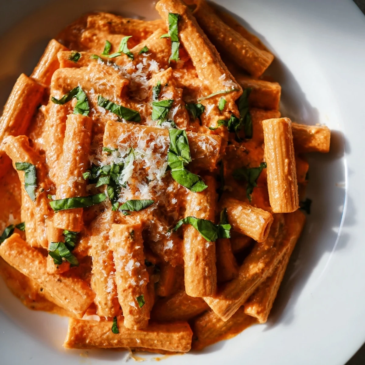 A steaming skillet of Creamy Roasted Red Pepper Pasta topped with fresh parsley and extra Parmesan, perfect for a weeknight dinner.