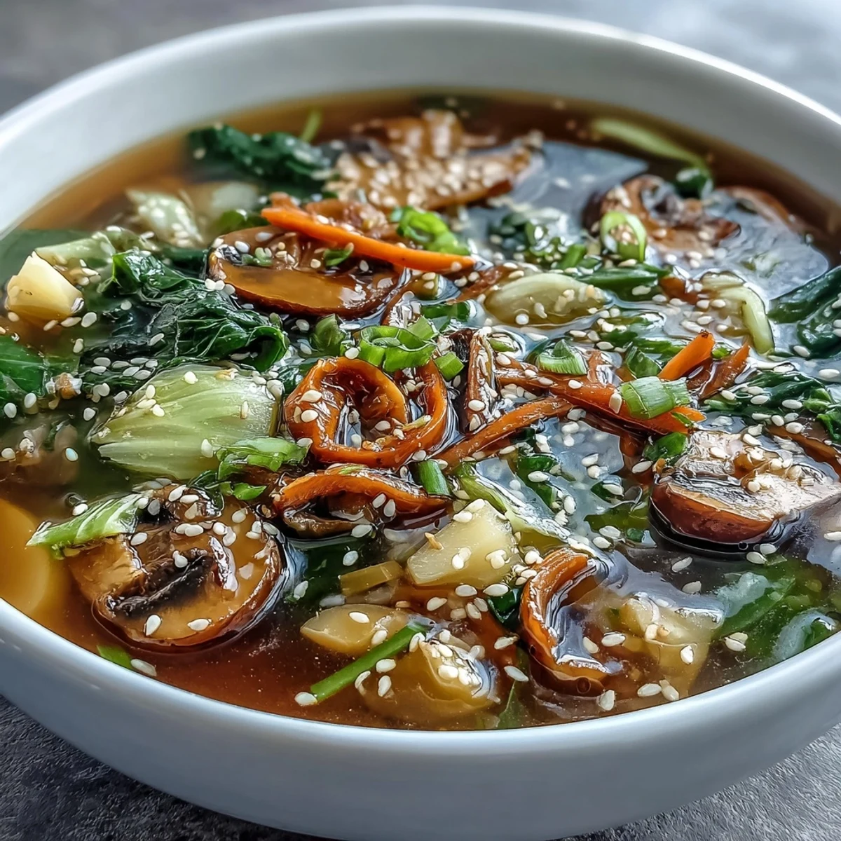A steaming bowl of Ginger-Miso Winter Soup with napa cabbage, carrots, and shiitake mushrooms, garnished with scallions and sesame seeds.  