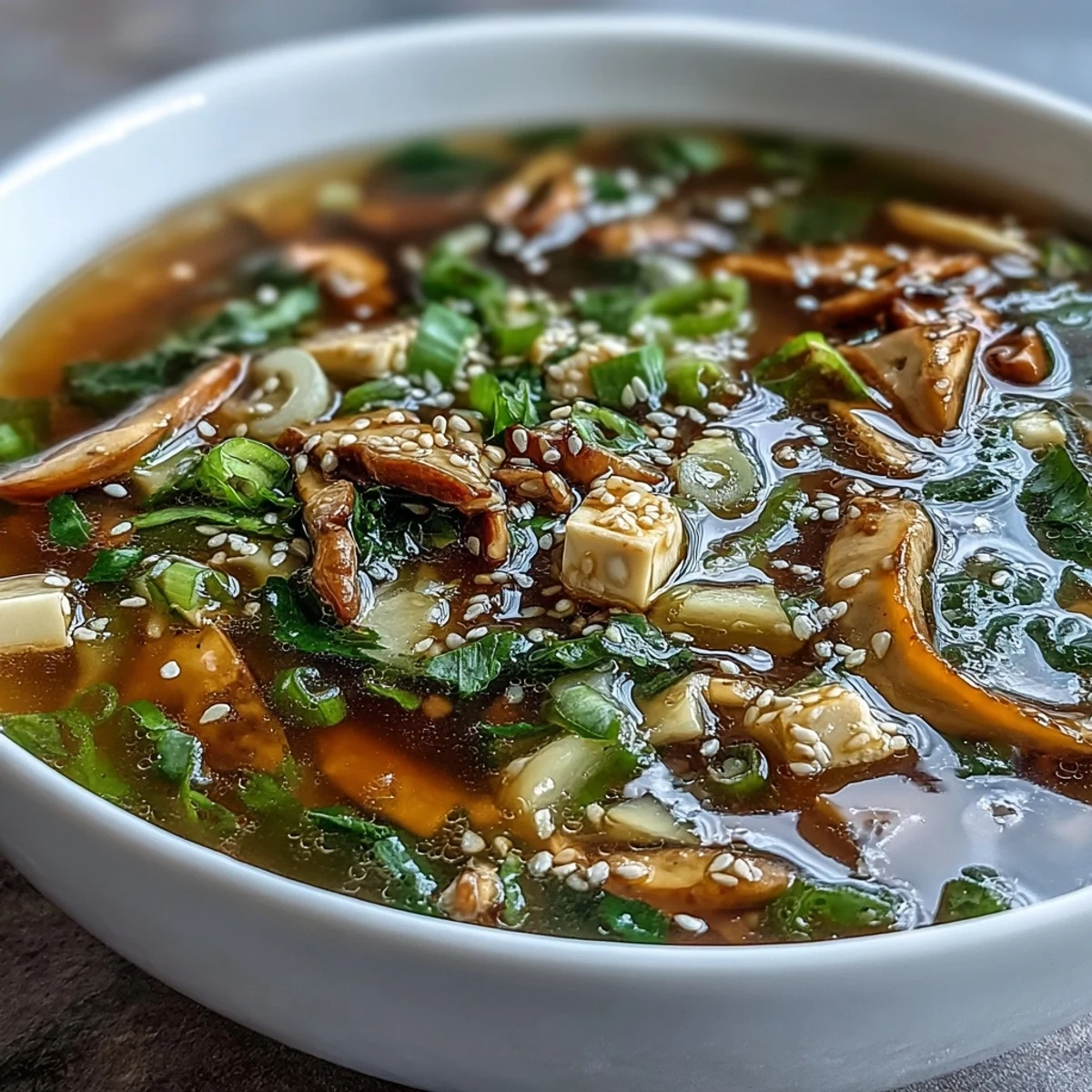 Warming Ginger-Miso Winter Soup in a rustic bowl, topped with fresh cilantro and toasted sesame seeds for a savory finish.