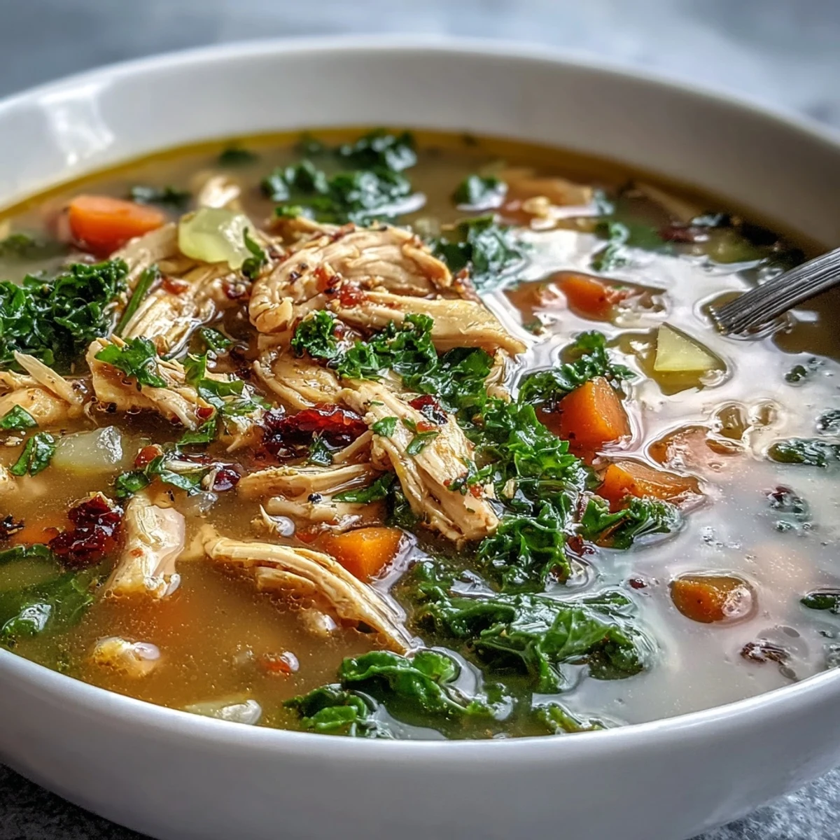 Golden turmeric chicken soup, bright with lemon and hearty baby kale, ready to serve.