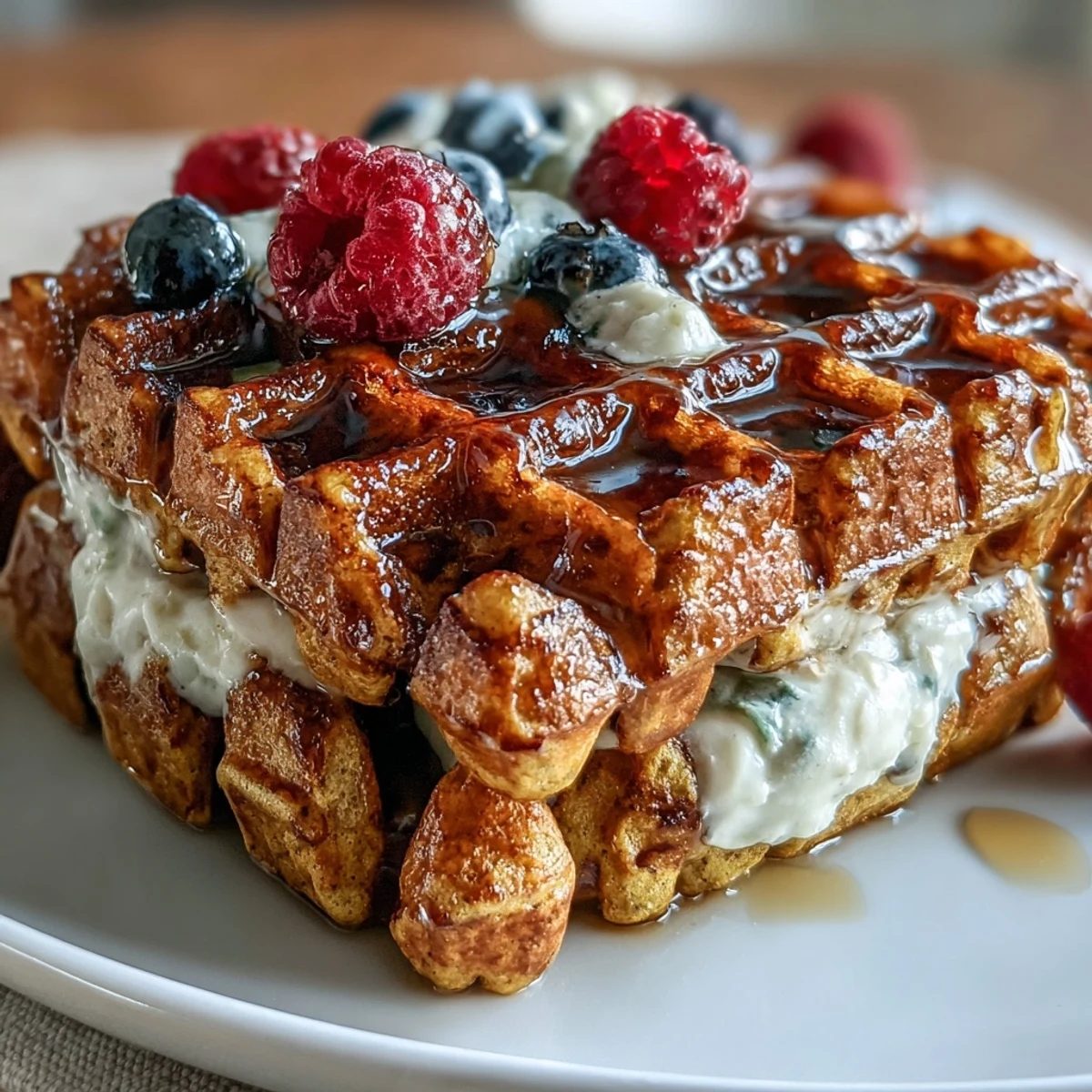 Golden turmeric waffles, fluffy and vibrant, ready for fresh berry goodness.