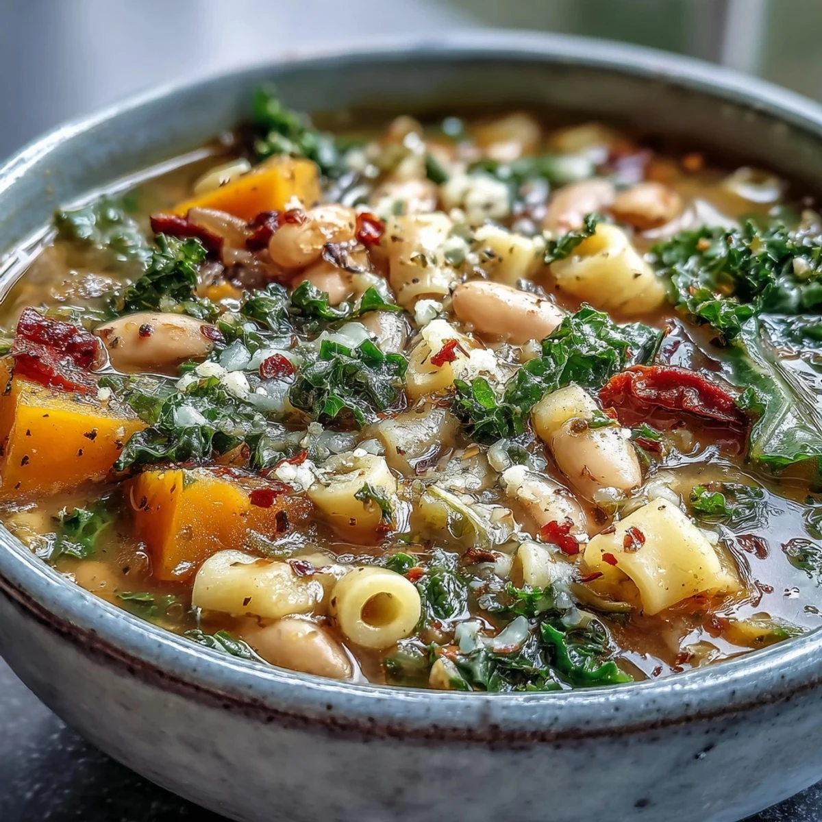 Steaming Winter Minestrone Soup served in a rustic bowl with crusty bread on the side, perfect for a cozy meal.