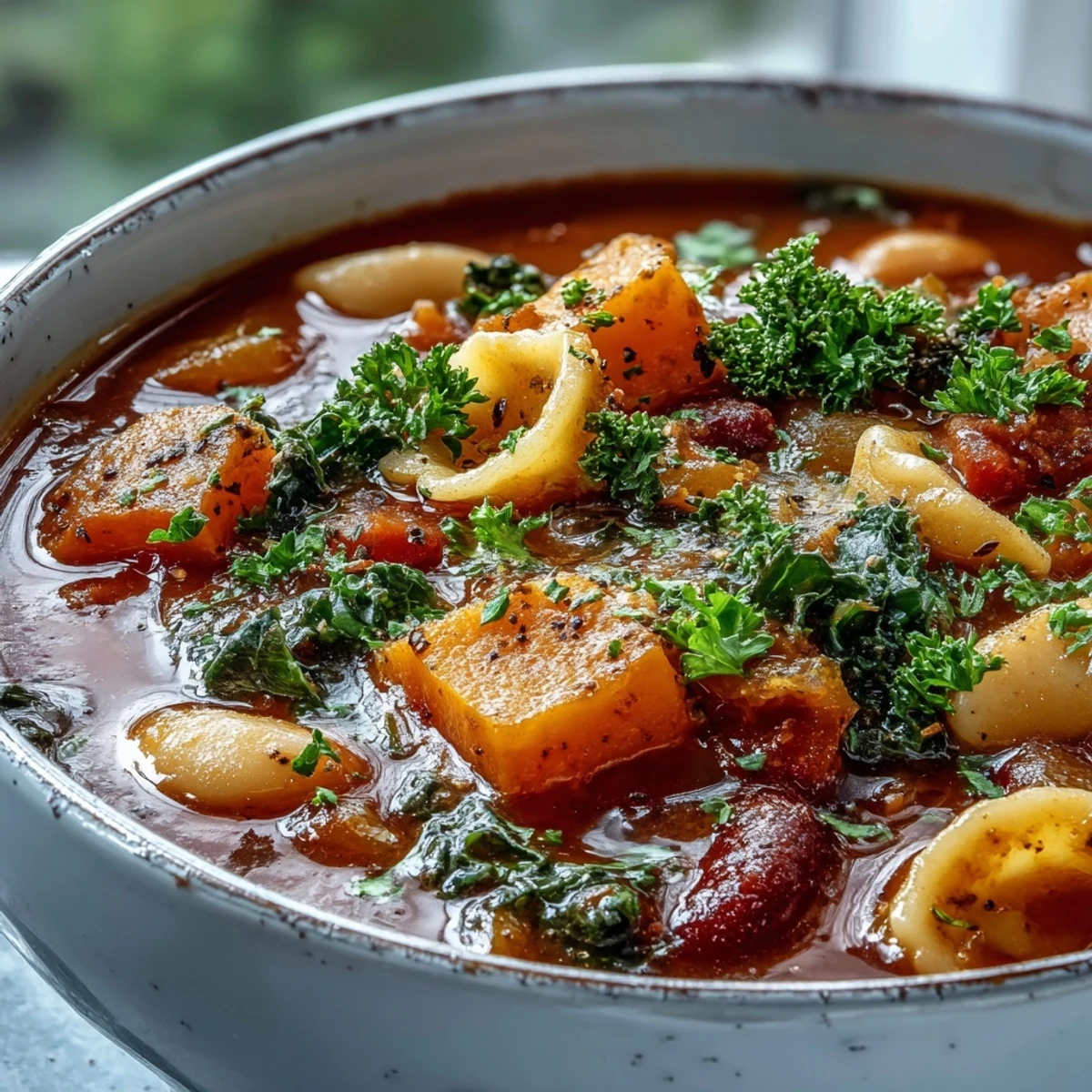 Steaming bowls of Winter Minestrone Soup with Butternut Squash and Kale, served with crusty bread.