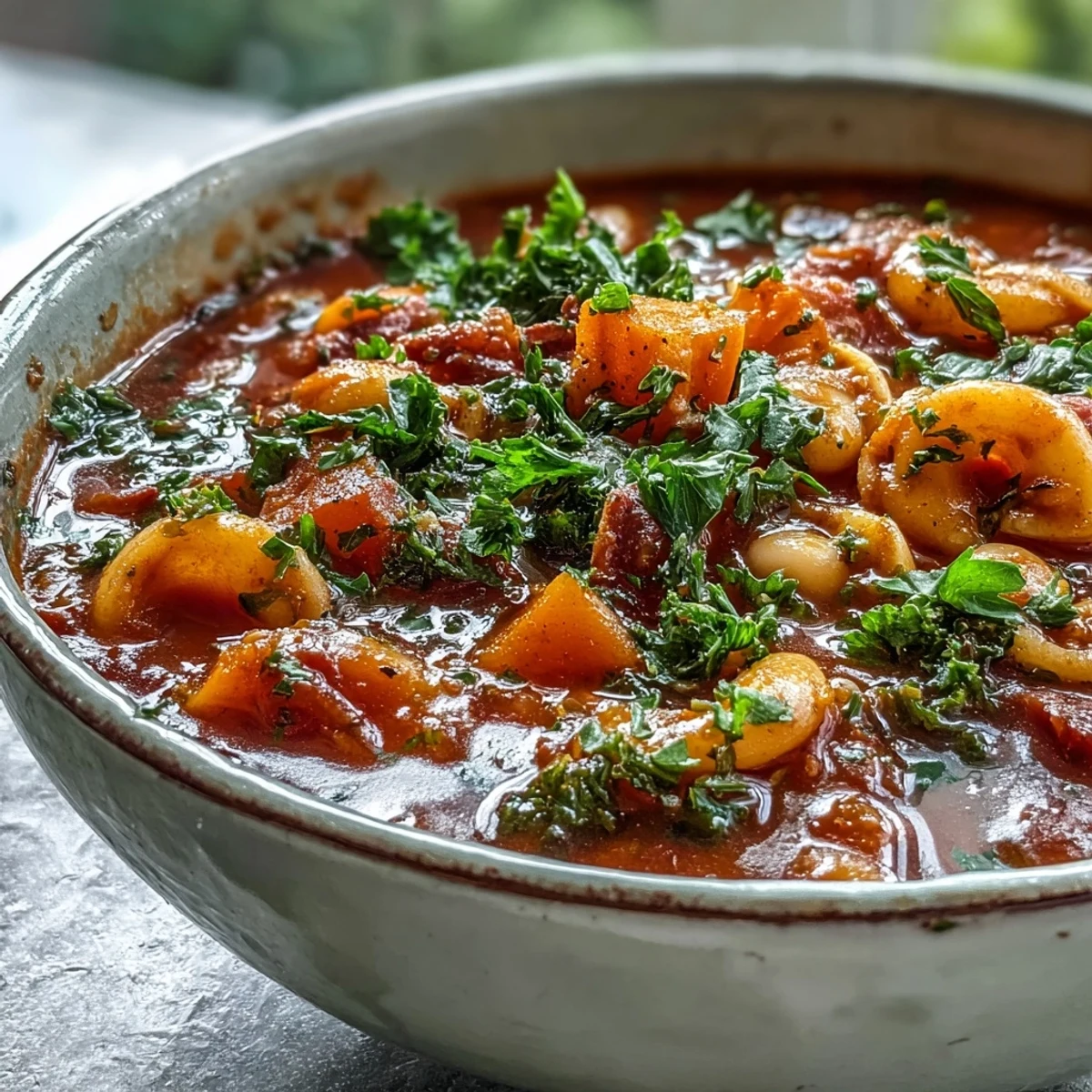 Vibrant Winter Minestrone Soup with Butternut Squash and Kale topped with fresh parsley and Parmesan.