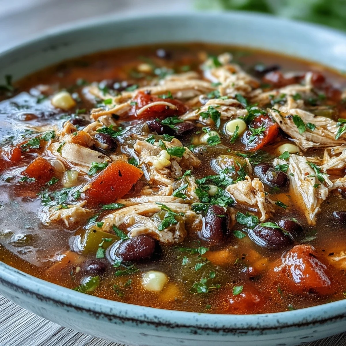 A steaming bowl of Southwestern Turkey Soup garnished with fresh cilantro, avocado, and crumbled tortilla chips.