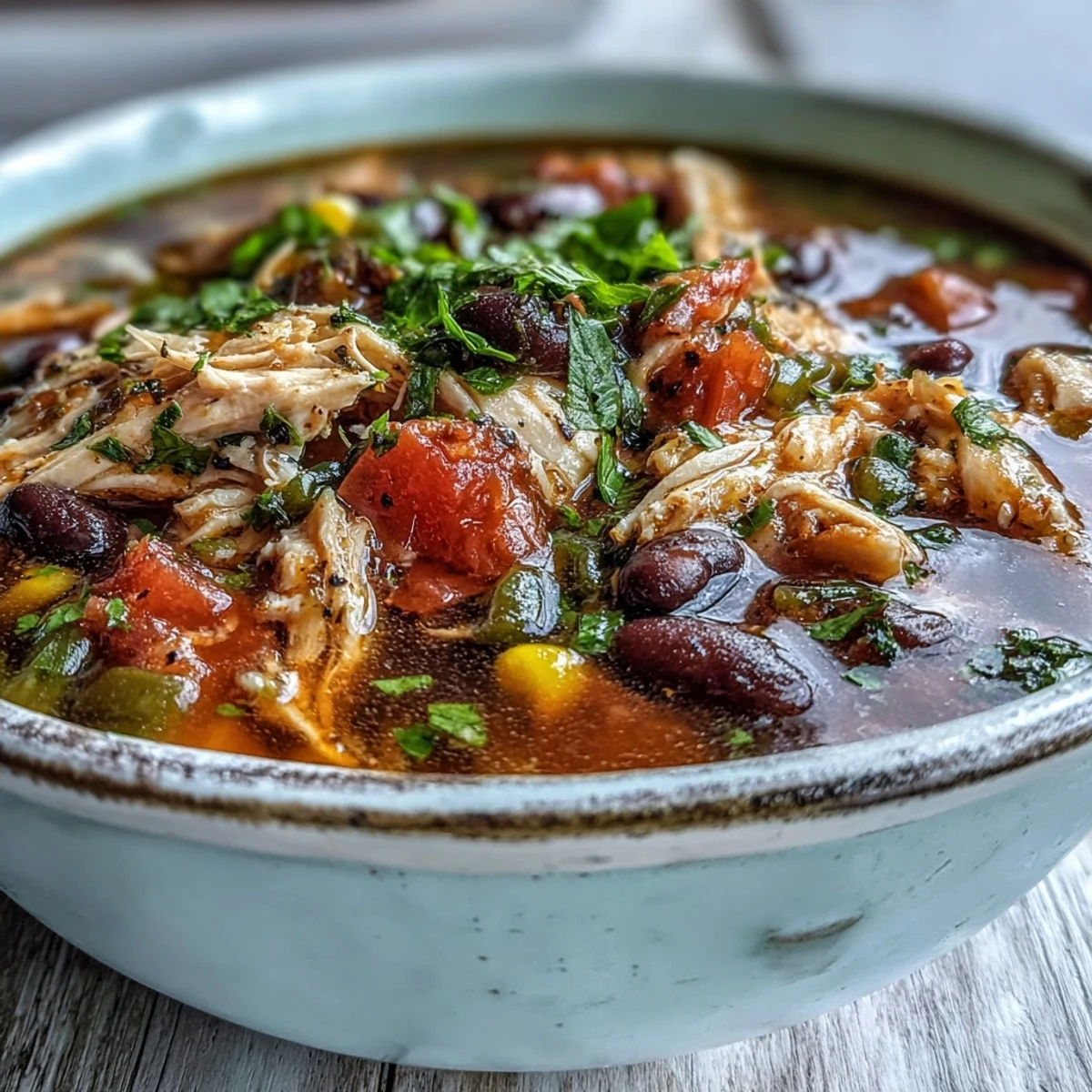 A hearty ladle of Southwestern Turkey Soup with black beans and corn served in a rustic ceramic bowl.