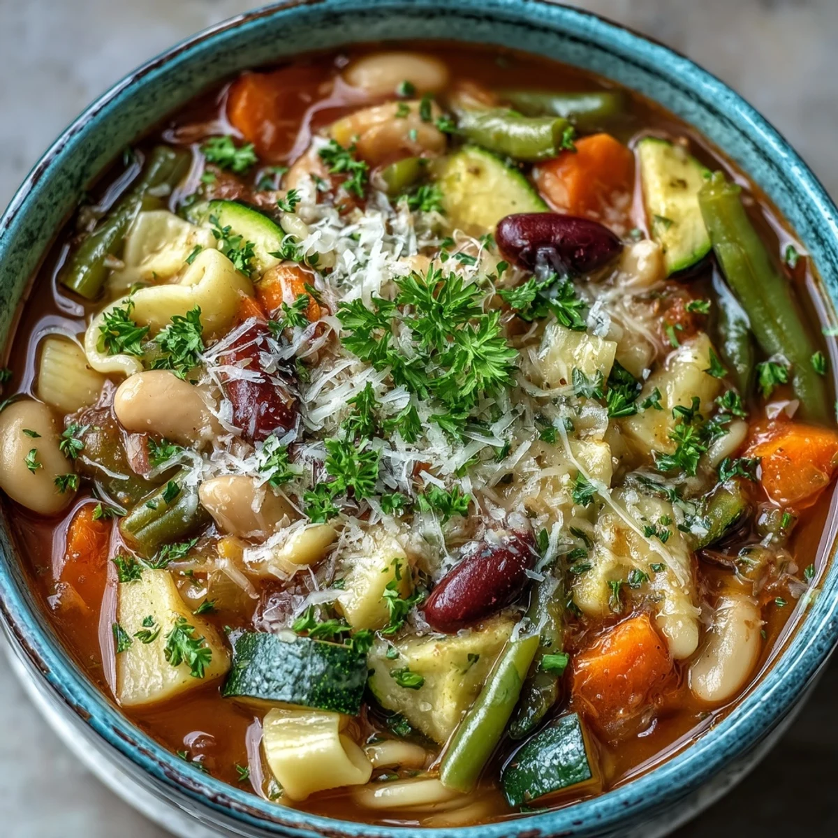 Steaming bowl of homemade Minestrone Soup filled with beans, pasta, and fresh vegetables.