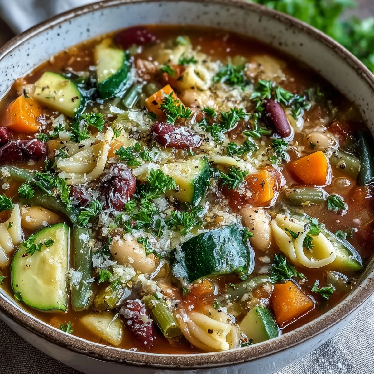 Serving of classic Minestrone Soup topped with parsley and grated Parmesan cheese.
