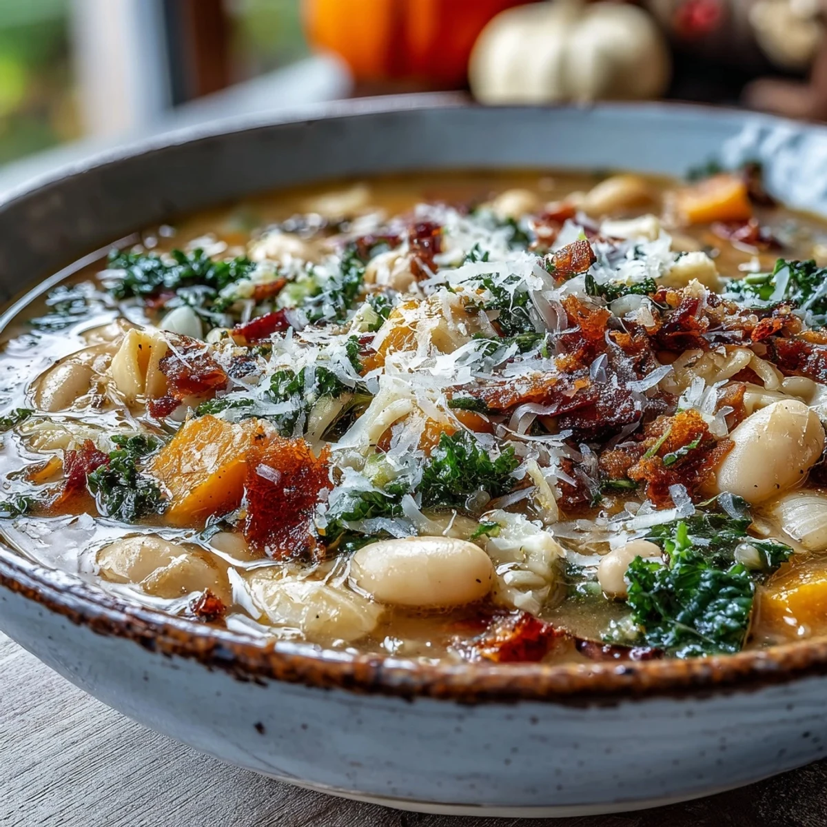 Close-up of Fall Minestrone topped with fresh parsley and pancetta, a comforting Italian-American autumn soup.