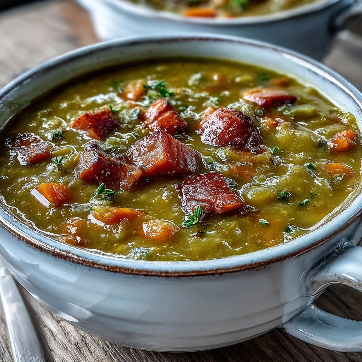 A close-up of Split Pea and Ham Soup garnished with fresh thyme and black pepper.