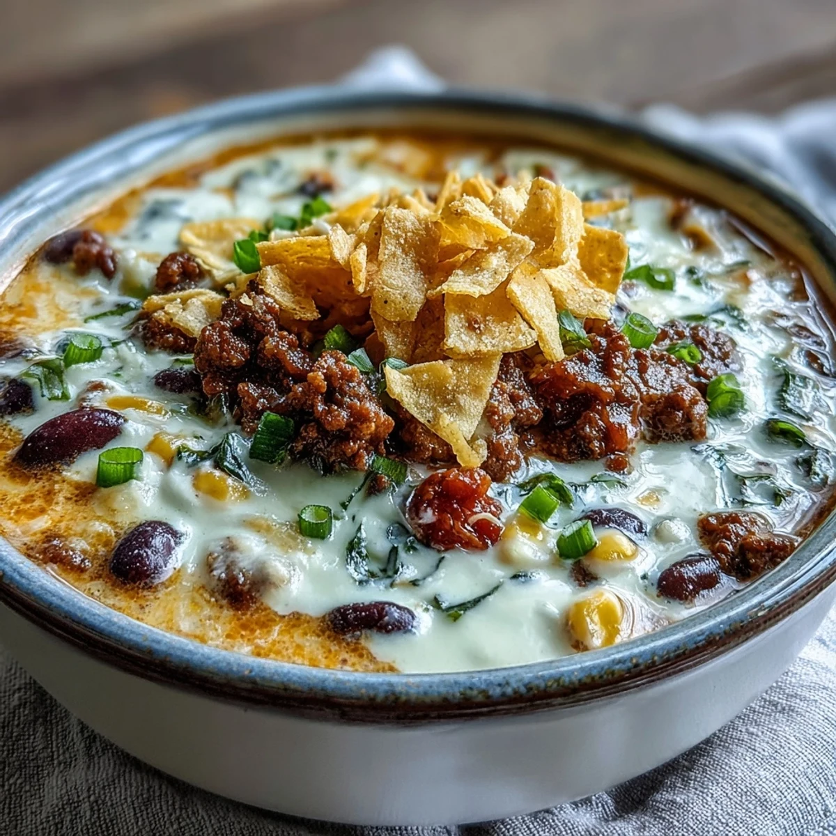 Creamy Taco Soup simmering with ground beef, beans, and corn, topped with melted cheddar and green onions for a hearty bowl.