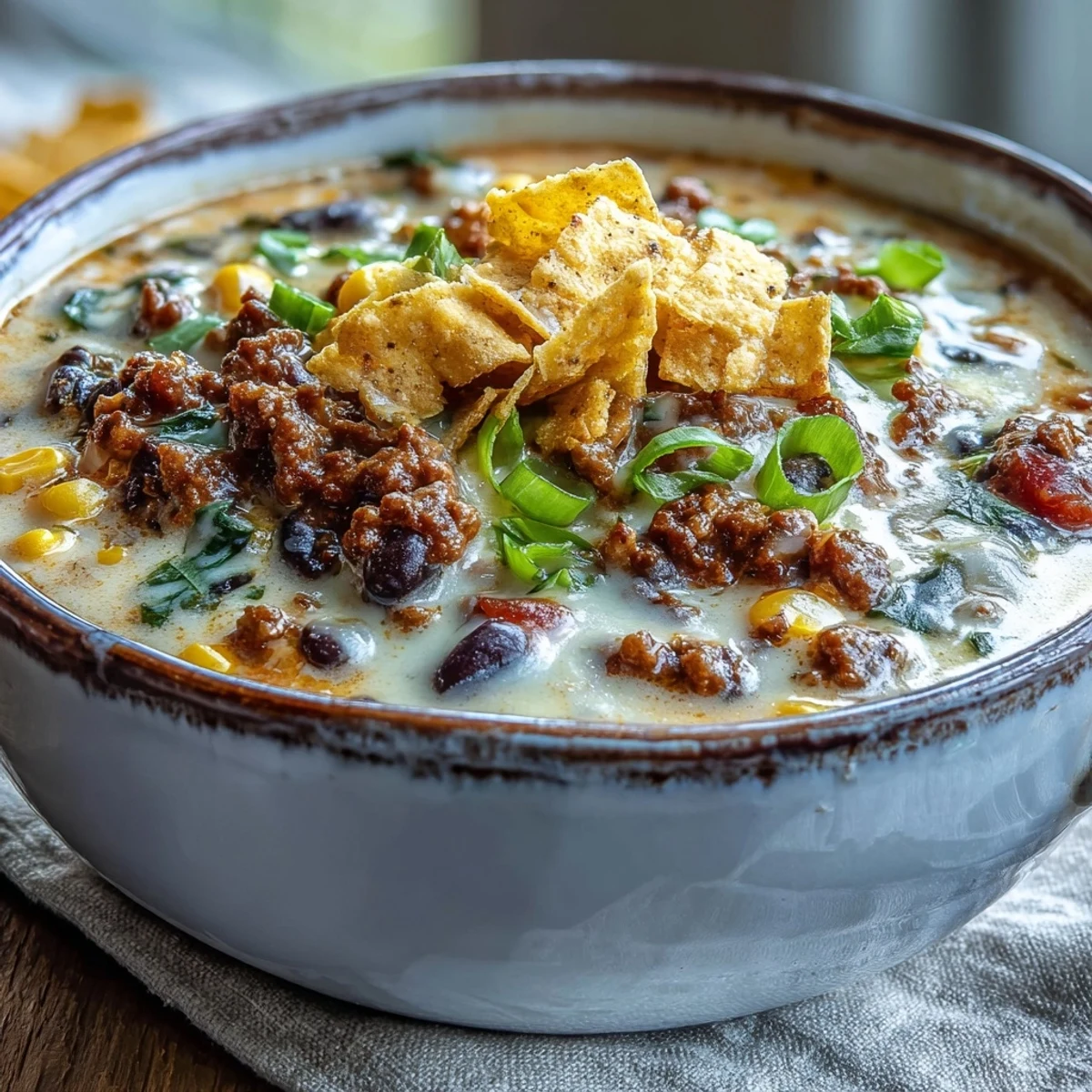 A close-up of Creamy Taco Soup garnished with sour cream and cilantro, served alongside crispy tortilla chips for dipping.