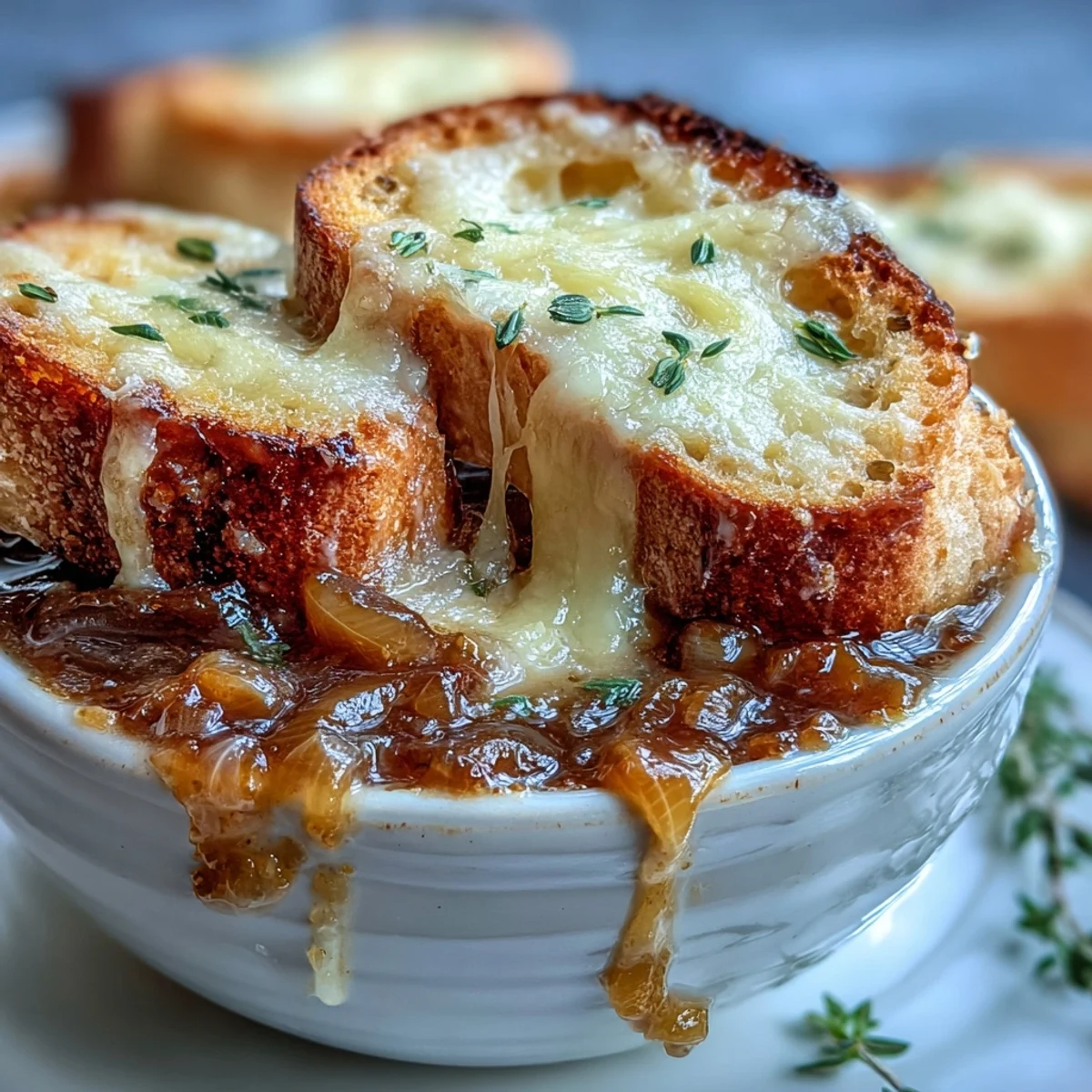 Steaming Dutch Oven French Onion Soup with melted Gruyère and crispy bread.
