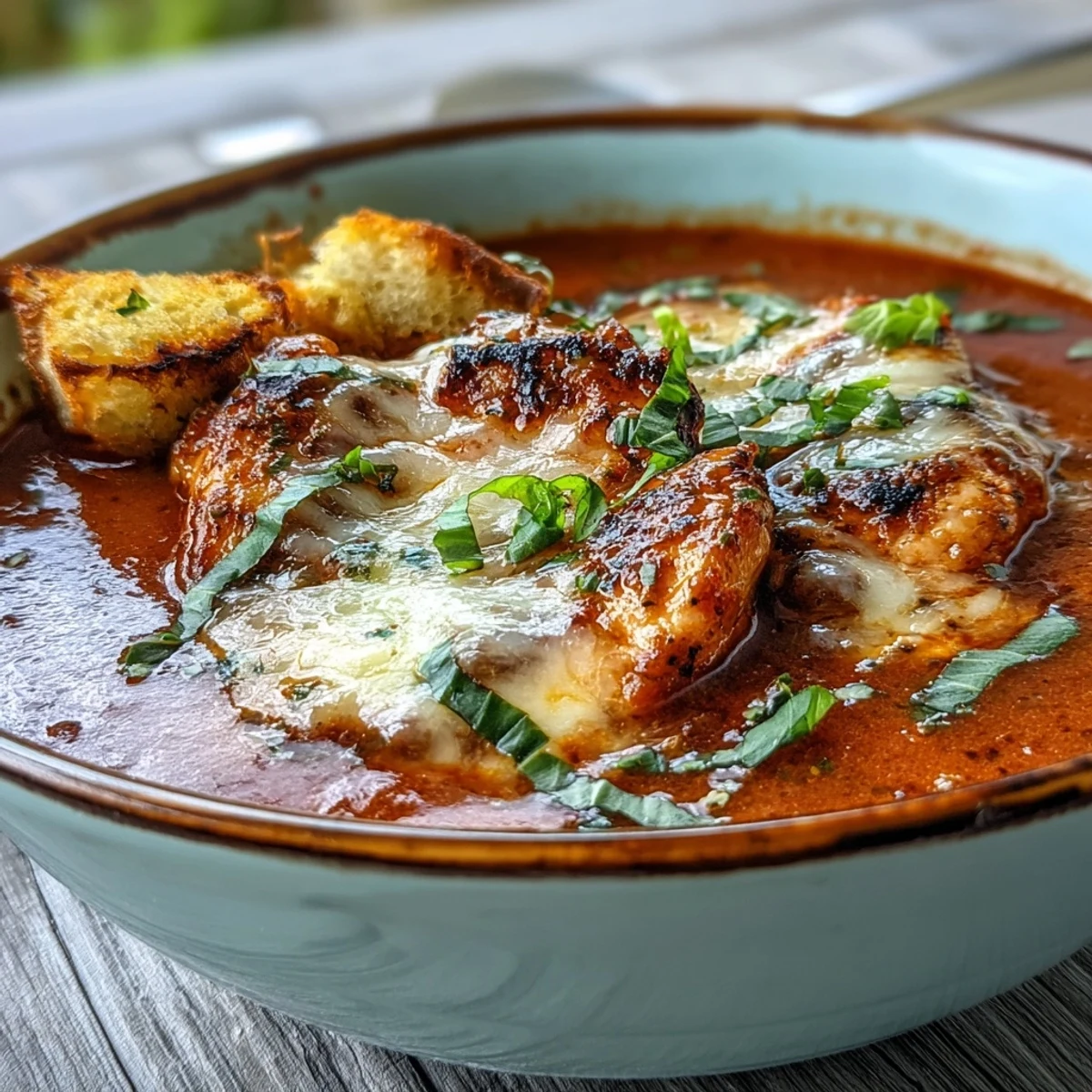 A warm bowl of Grilled Chicken Parmesan Soup, topped with melted cheeses, fresh basil, and crunchy garlic croutons.
