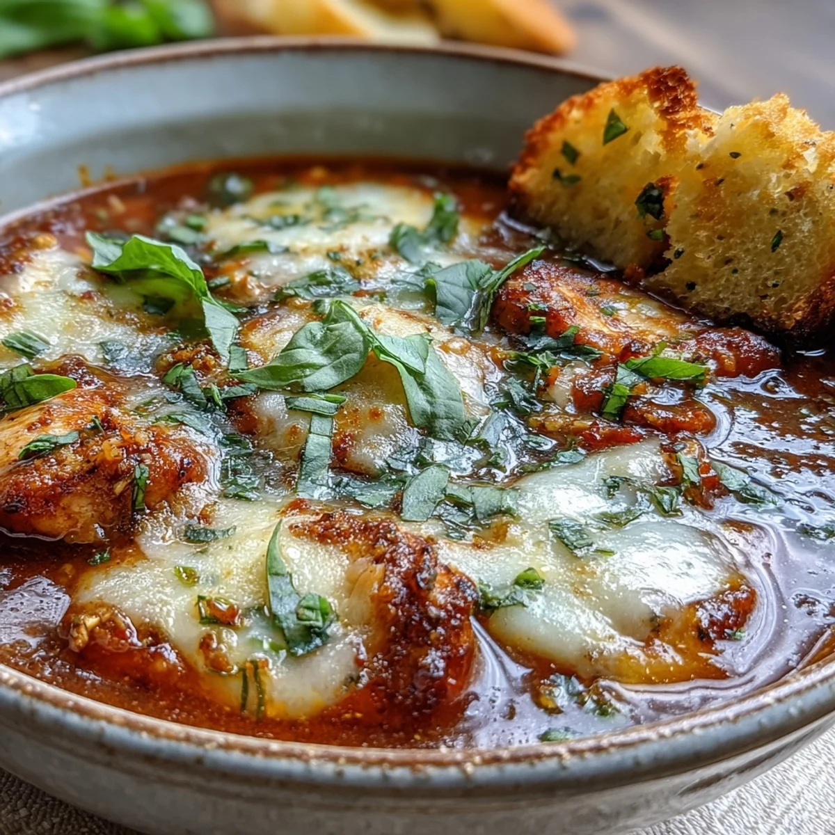 Ladle of rich Grilled Chicken Parmesan Soup next to a crisp green salad and a glass of Chianti wine.