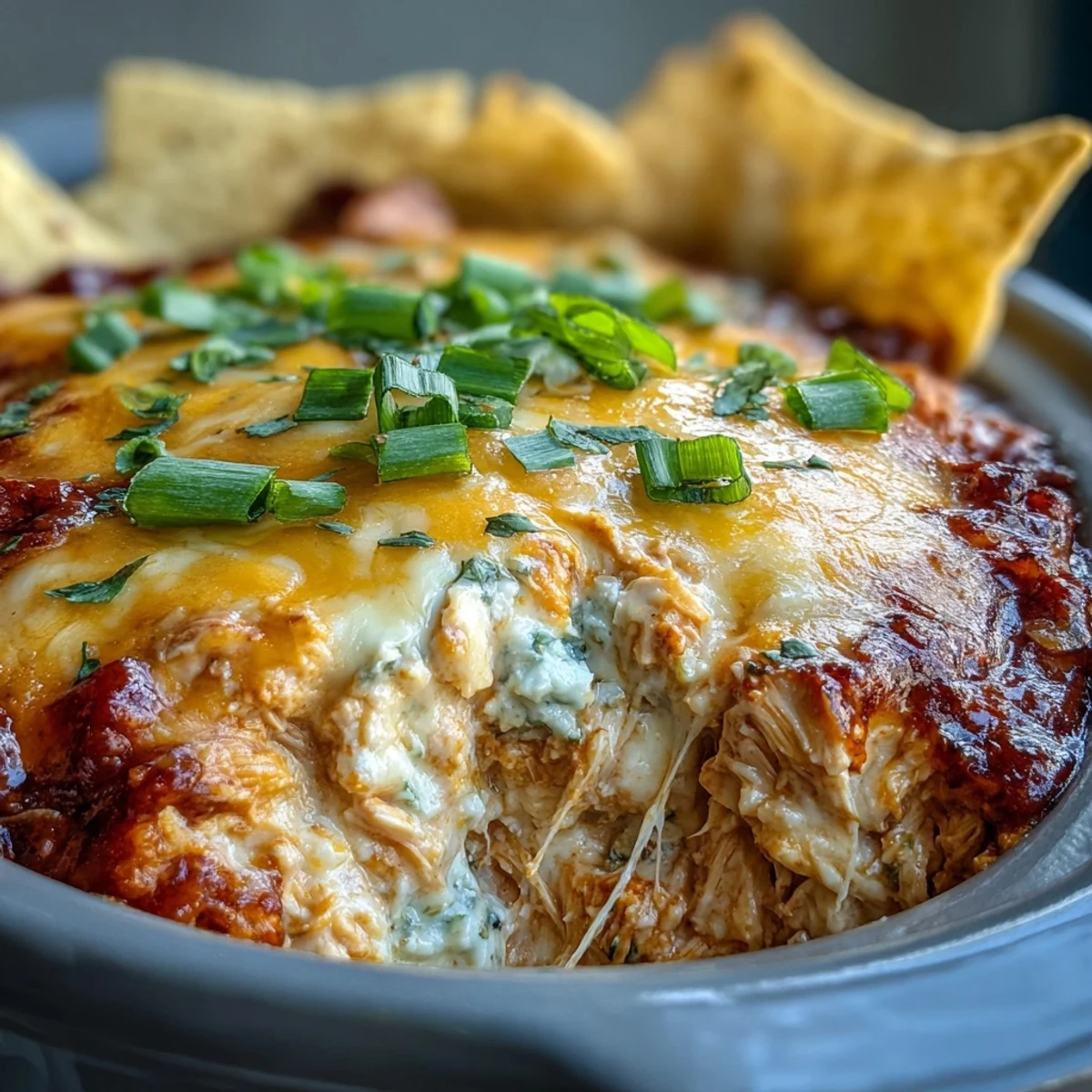 Crock Pot Buffalo Chicken Dip, a creamy and spicy dip with melted cheddar in a slow cooker.