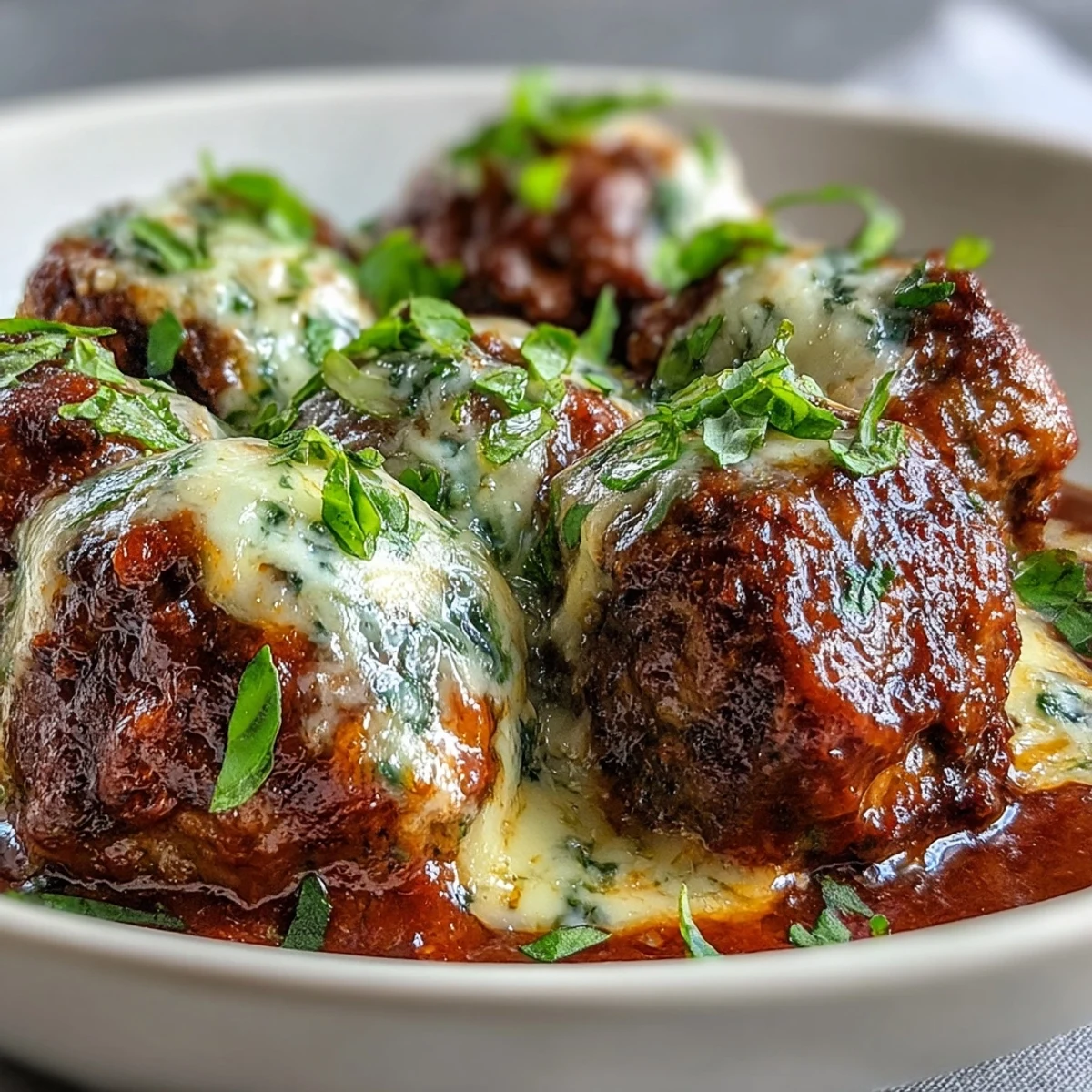 Freshly baked Italian-style meatballs topped with melted mozzarella and Parmesan, resting in a bowl of hearty marinara sauce.