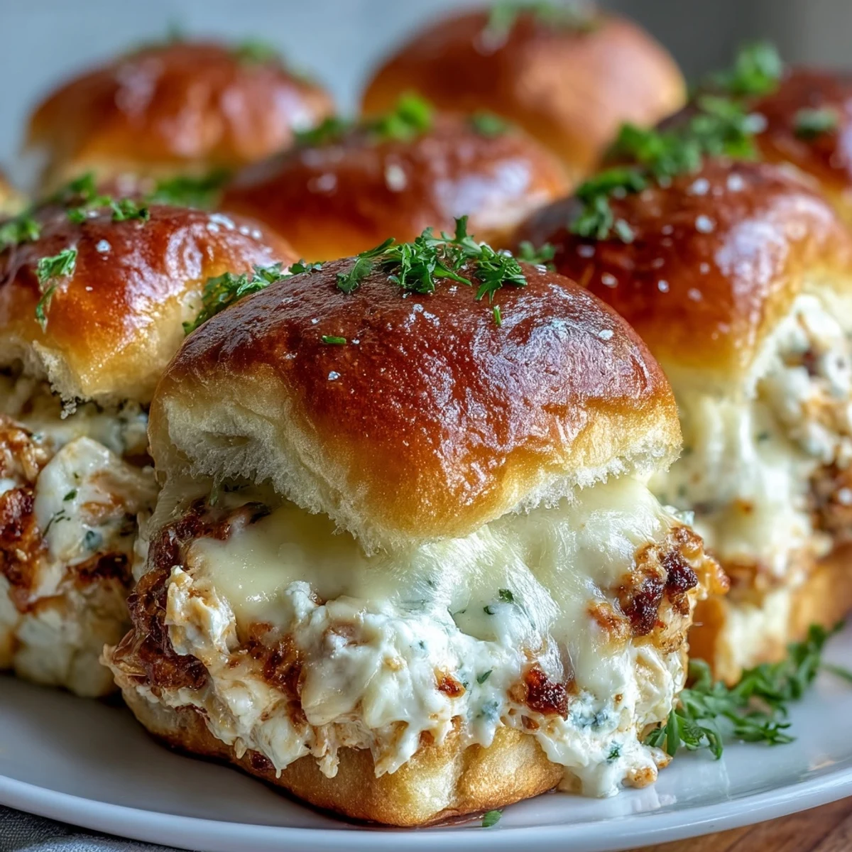 Freshly baked Pizza Dip Sliders with bubbly, golden cheese and a creamy Buffalo chicken filling on soft buns.