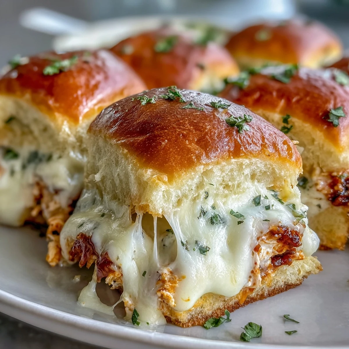 Close-up of warm Pizza Dip Sliders topped with parsley, served on a platter next to crisp celery sticks.