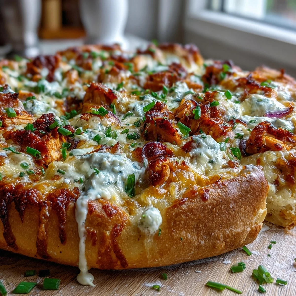 Golden, bubbly Buffalo Chicken Pizza fresh from the oven, featuring a crispy crust, spicy chicken, and melted mozzarella on a baking sheet.
