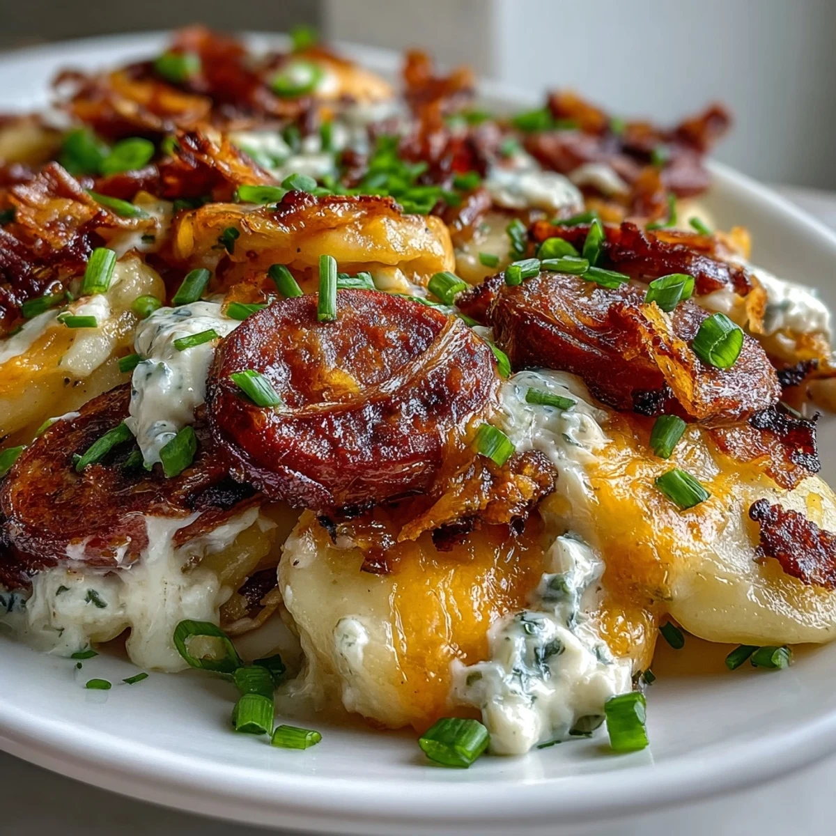 Steaming Crockpot Pierogi Casserole With Kielbasa fresh from the slow cooker, topped with melted cheddar and fresh chives.